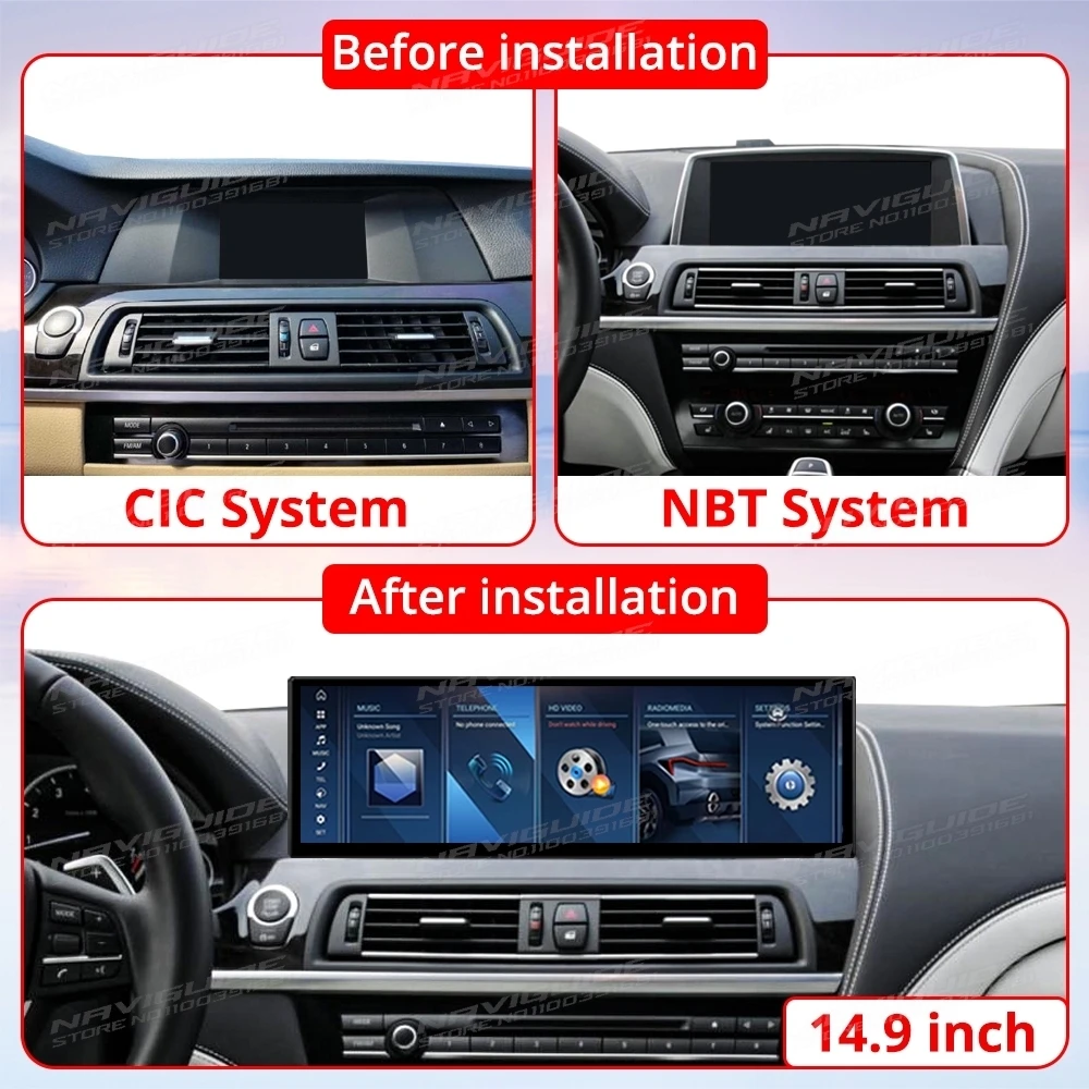 NAVIGUIDE Android 13 14.9 Inch 2560*720P For BMW 6 Series F06 2002-2016 CIC NBT System LHD Car Radio Multimedia Player CarPlay