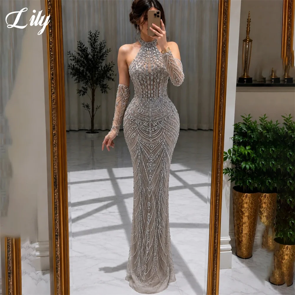 Lily Nude Party Dress with Full Crystal Mermaid Evening Dress Halter Neck فساتين السهرة Floor Length Gala Dresses Customized