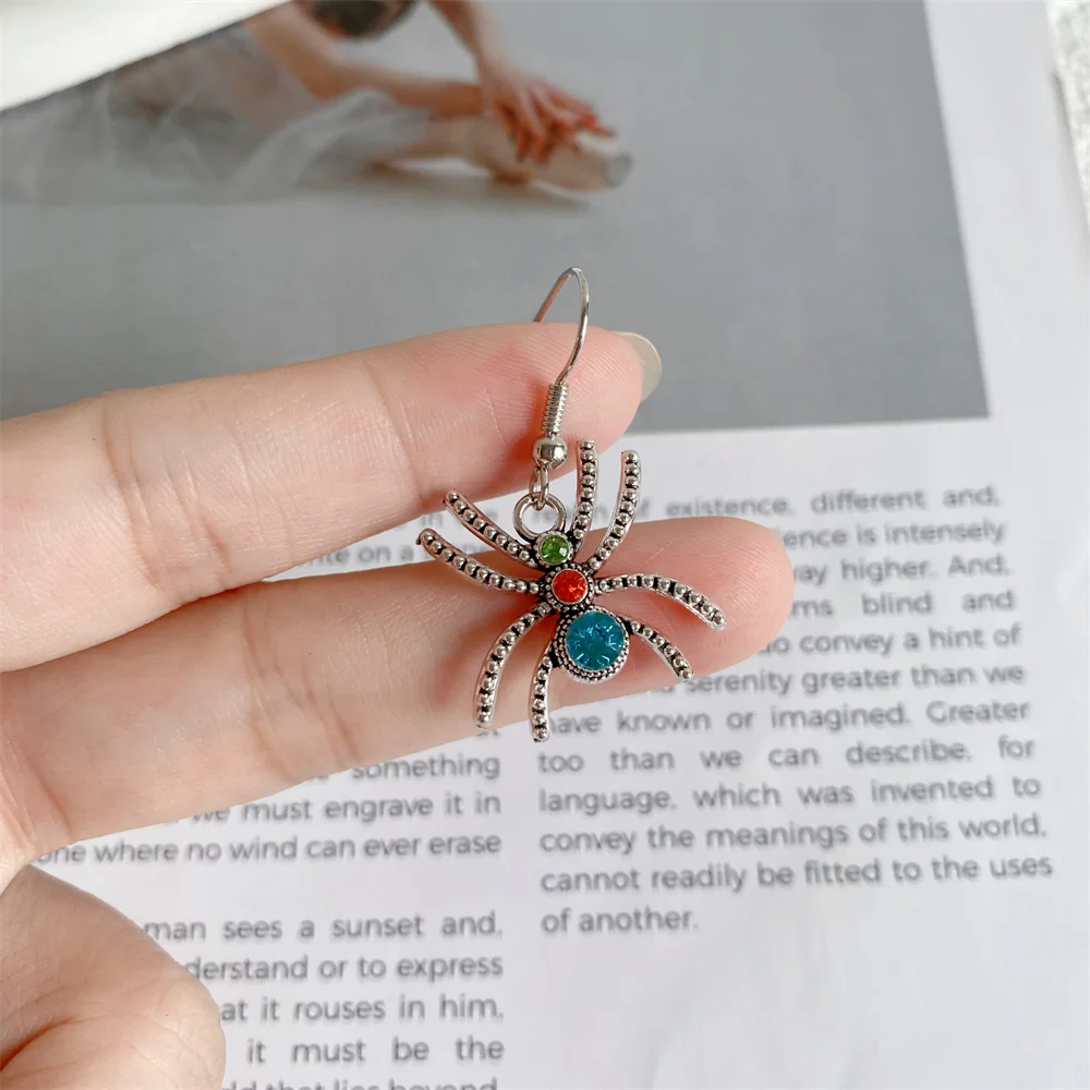 CZ Halloween Retro Color Spiders Dangle Earrings For Women Fashion Creative Zircon Metal Ear Stud Jewelry A Gift