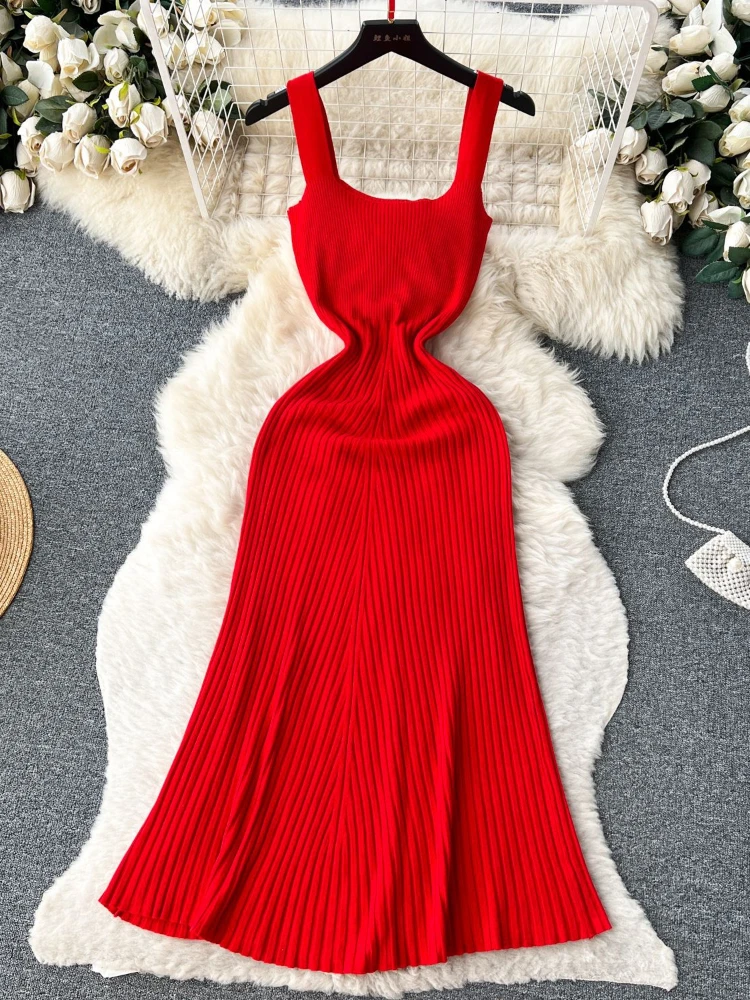 

Summer Sexy Elegant Vintage Knit Strap Long Dress Women High Waist Slim Casual Solid Party Vacation Dresses vestidos