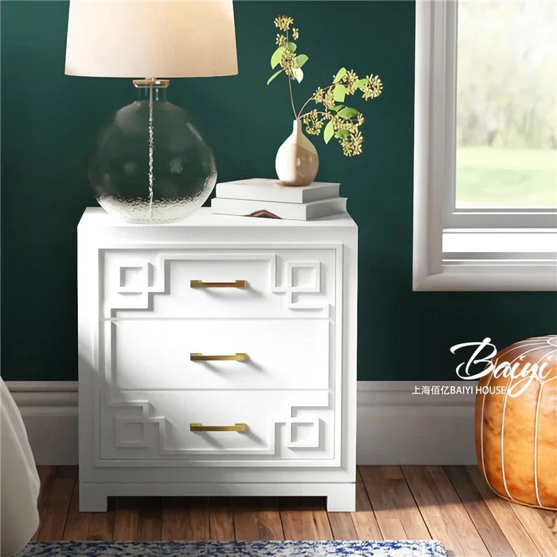 

Designer Modern Simple Solid Wood Bedside Table Light Luxury White Bedroom Bedside Storage Cabinet American Locker