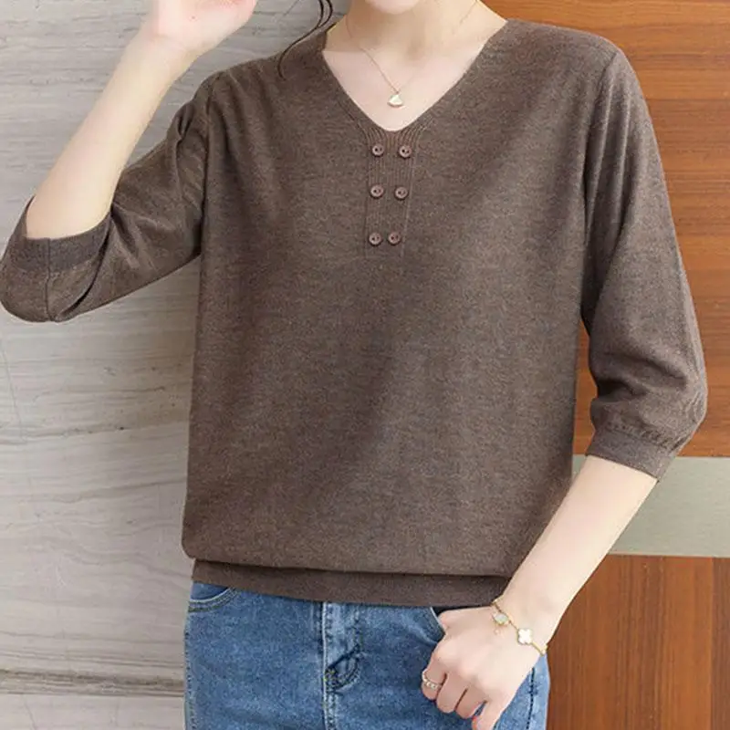 Autumn and Winter Women\'s Pullover V-neck Patchwork Button Solid Color Loose Fashion Casual Elegant Commuter Long Sleeve Sweater