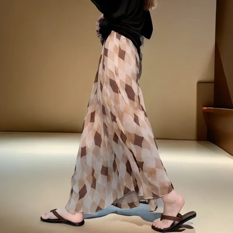Women Vintage Diamond Print Chiffon Maxi Skirt High Waist Flowy Loose Casual Long Skirt