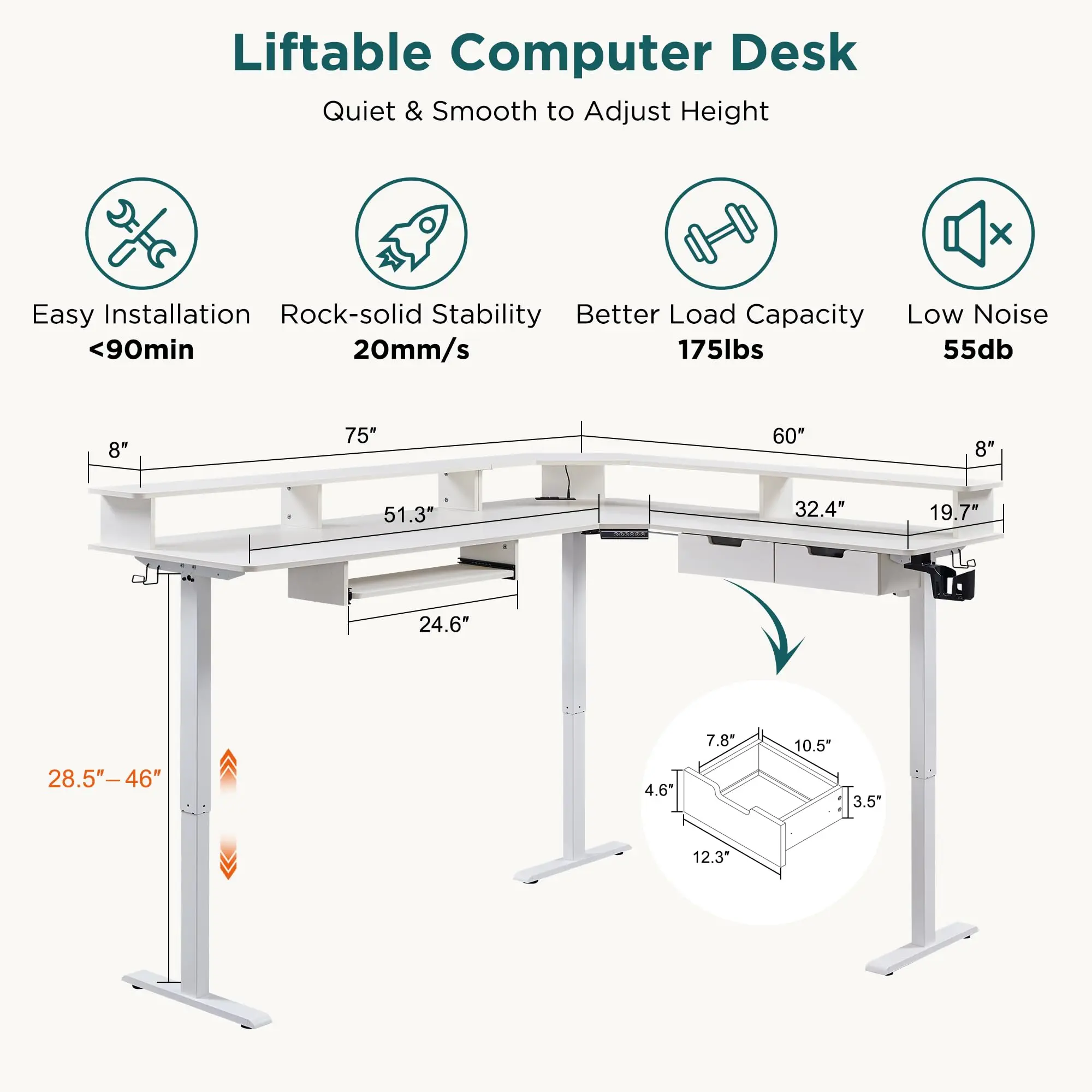 75x60 Inches L Shaped Electric Standing Desk 2 Tier, Antique White