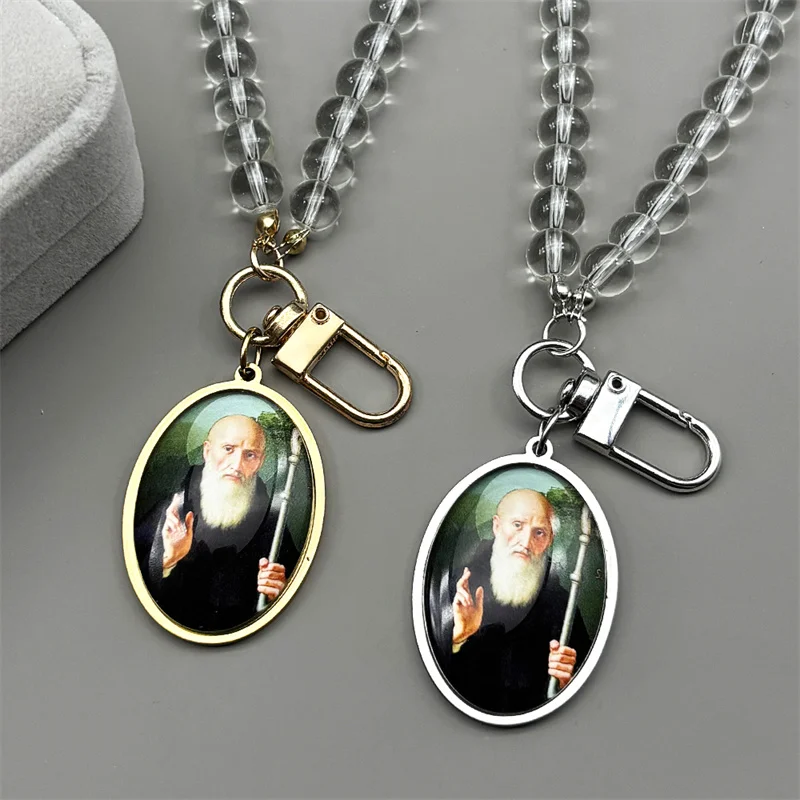 

Catholic Saint Benedict Glass Beads Chain Oval Car Pendant for Women Men Stainless Steel Silver Color San Benito Amulet Jewelry