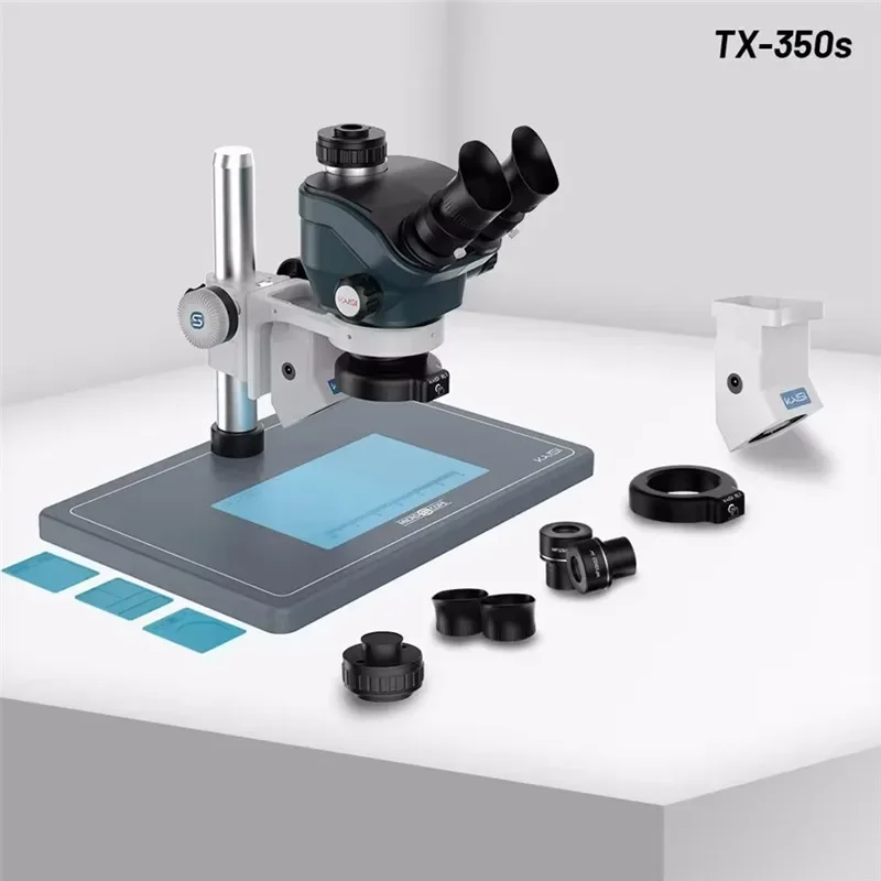 

Kaisi Trinocular Microscope Set TX-350s, 0.7X~5X Zoom Stereo, WF10X 23mm Eyepiece, Motherboard Soldering, PCB Repair