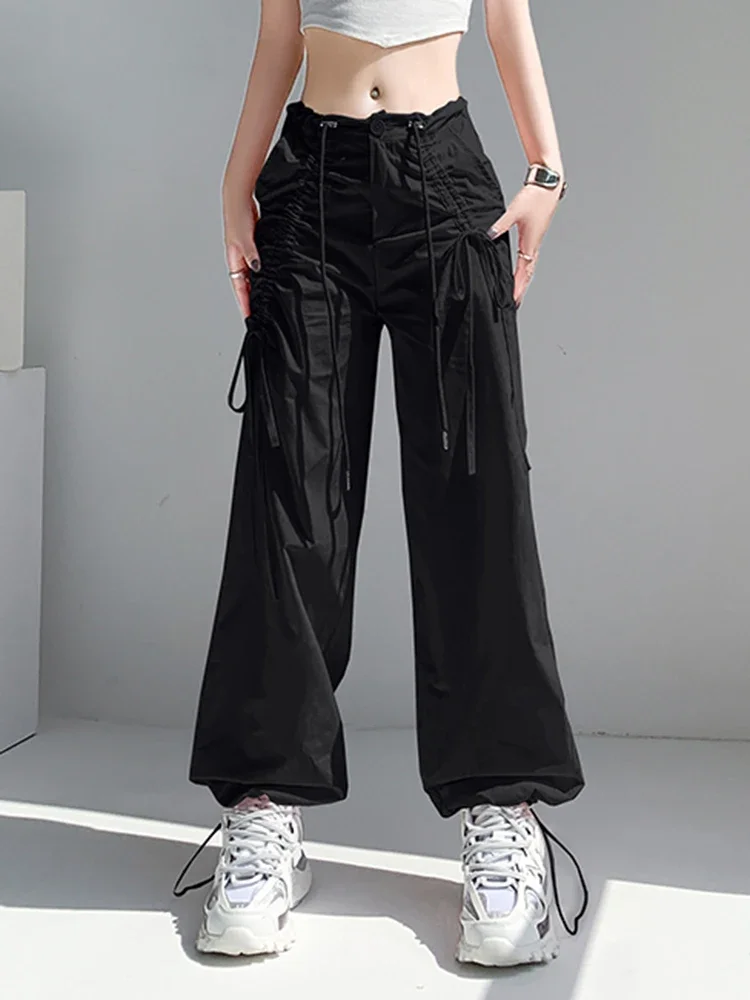 

Chic Drawstring Street Thin Style New Female Wide Leg Pants Summer Classic Solid Color Fashion Loose Casual Pink Women Y2k Pants