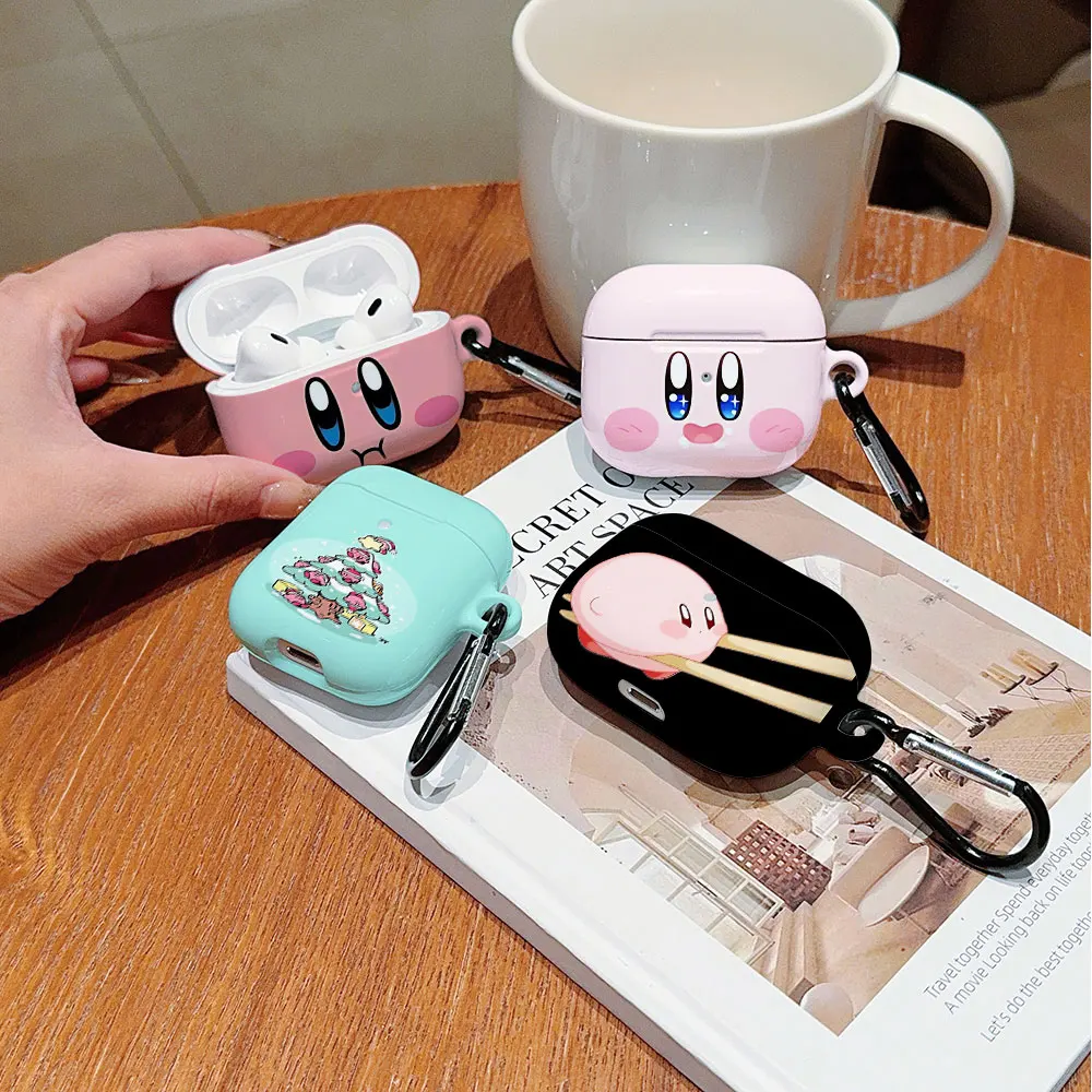 Cute Pink K-Kirbys Shockproof Protective Glossy HD Hard PC Earphone Cover Case For AirPods 1 2 3 4 Pro Pro2 with Metal Hook