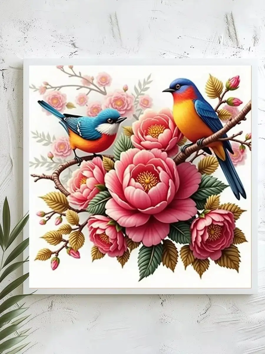 1 Stück 40x40 cm/15,74 Zoll, 11Ct/14Ct Kreuzstich-Set, DIY Valentinstagsgeschenk, Stickerei-Set für Festlichkeiten, Blaue Vögel auf Pfingstrosenzweig – Detail 1