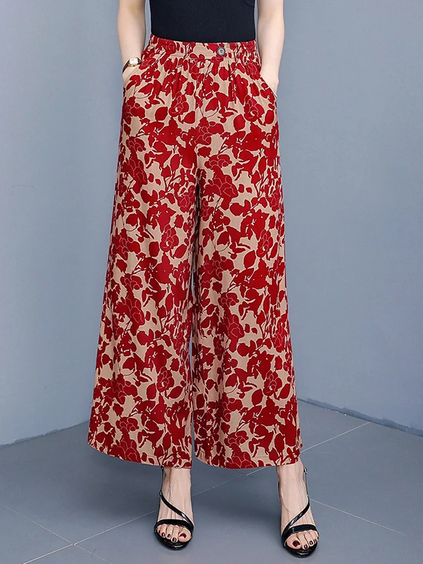 Pantalones de pierna ancha de cintura alta para mujer, pantalones fluidos cómodos e informales, pantalones de playa con estampado Floral de tendencia con bolsillos E8906