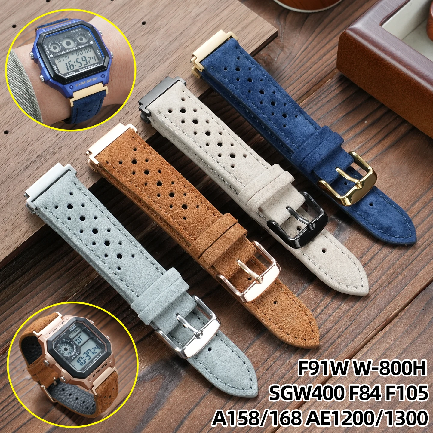 

Vintage Watch Strap Metal connector for Casio SGW400 F91W F84 F105/108/A158/168 AE1200/1300 High Quality Cowhide wristwatch band