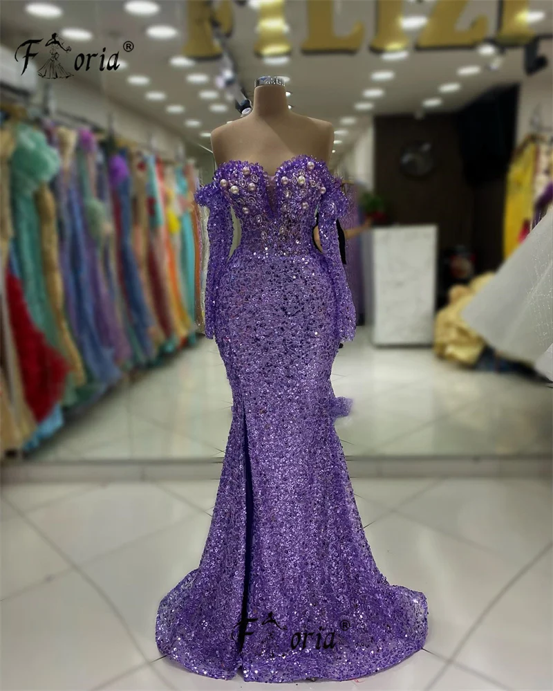 Chic Crystal Tassel Pearls Formal Special Occasion Dress Mermaid Purple Dubai Detachable Train Evening Dresses Robe Soiree Party