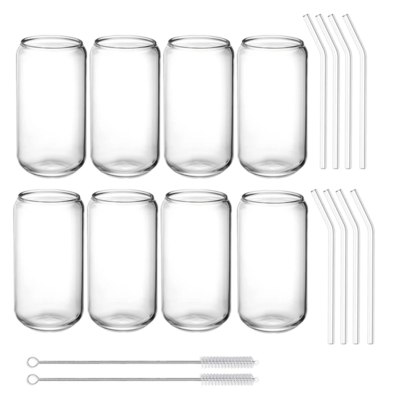 Drinking Glasses With Glass Straw -16Oz Can Shaped Glass Cups, Beer Glasses, Iced Coffee Glasses,2 Cleaning Brushes 8Pcs