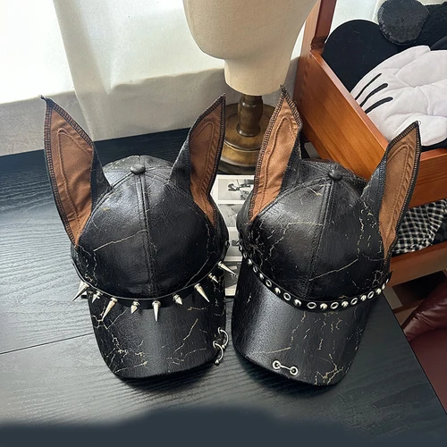 Nuevo nicho Punk cuero remache orejas de perro gorras de béisbol primavera otoño hombres mujeres personalidad ajustable sombrilla de moda sombreros de Hip Hop