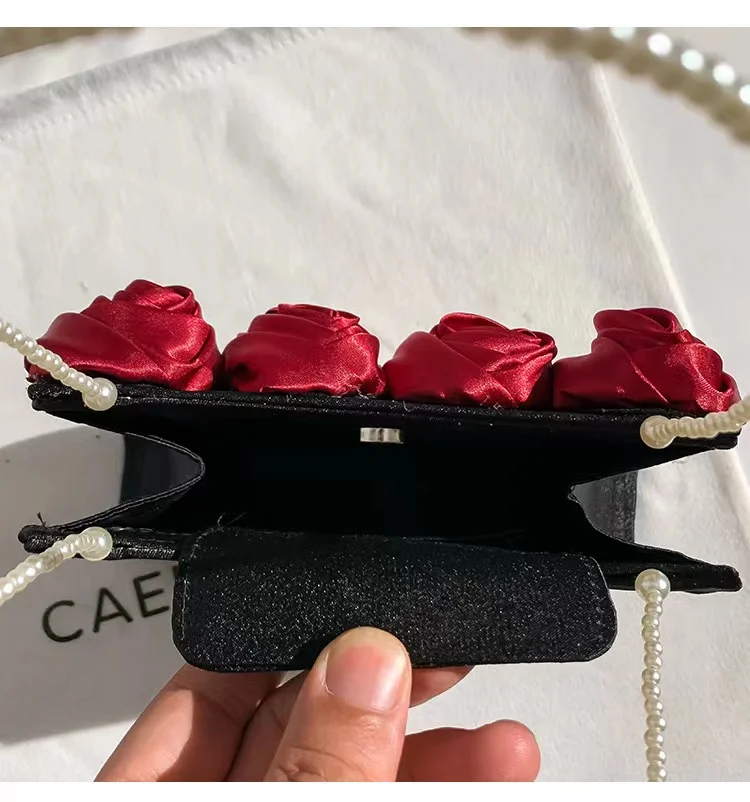 Women Handbag Luxury Satin Square Bag Red Rose Flower Pearl Beading Handle Evening Bag Wedding Party Clutch Purse Crossbody Bag