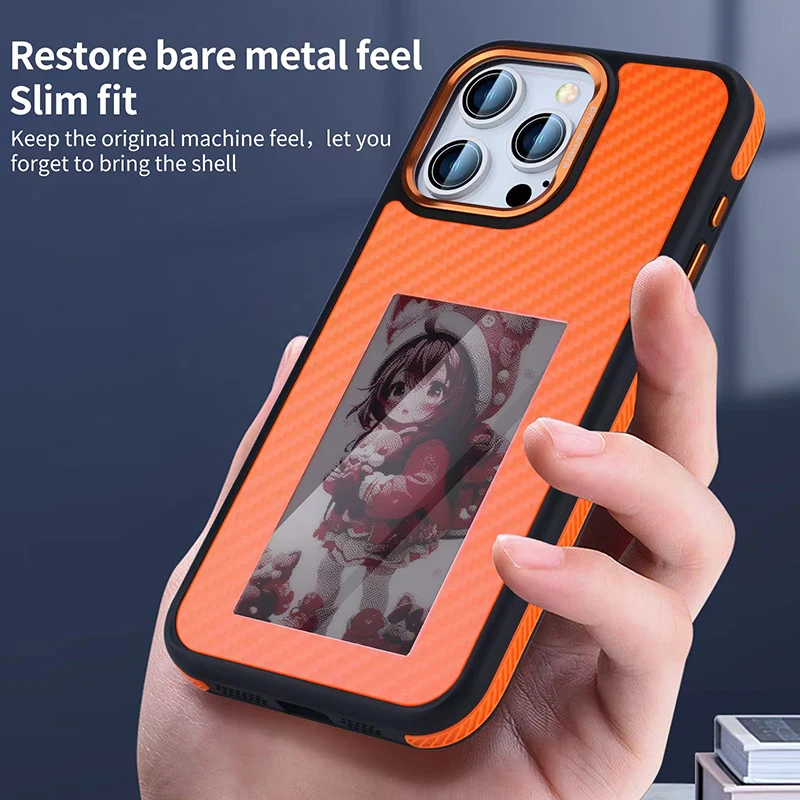 NFC 기능 E 잉크 스크린 폰 케이스, 탄소 섬유, AG 쉘, DIY NFC 변속기 이미지, 아이폰 13, 14, 15 프로 맥스용, 4 색 잉크