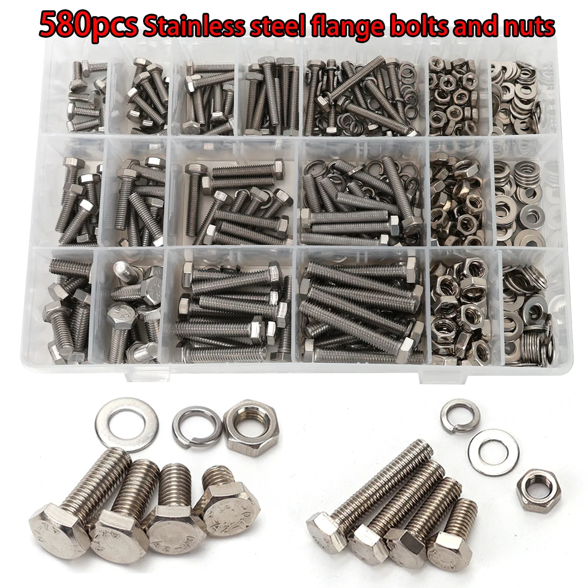 580pcs/Stainless Steel Hex Bolts, Screws, Nuts, Flat Washers, Spring Washers, Nut Set, Machine Screws, Tractor Screws