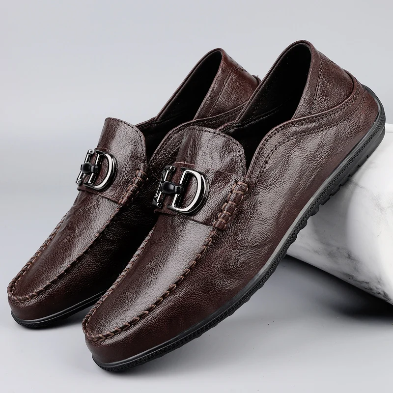 

Luxury Brand Business Metal Buckle Loafers Men Soft Sole Mocassin Genuine Leather Flats Casual Shoes Slip-On Walking Penny Shoes
