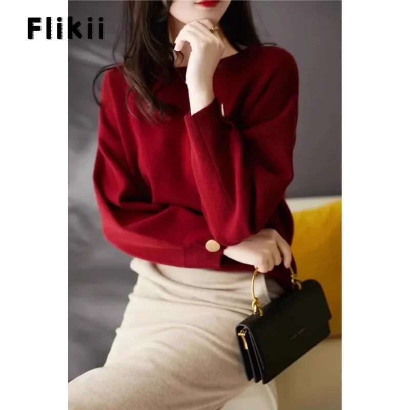 2024 Winter Elegant Luxury O-neck Knitting Long Sleeve Pullovers Women Casual Coquette Solid Color Sheath Ladies Red Sweater