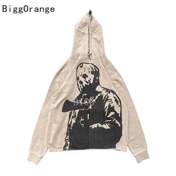 

2022 High Street Goth Sweatshirt Portrait Print Hoodie Vintage Oversized Zip Jacket High Quality Harajuku Hoodie