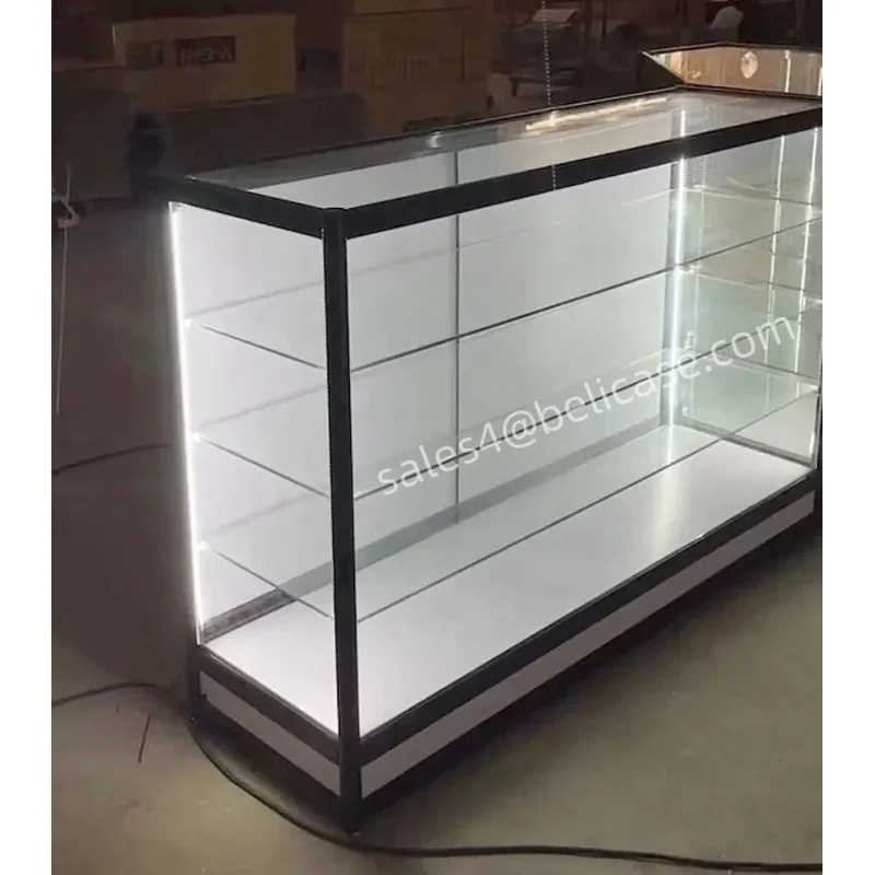 Custom, US hot-selling glass display showcase with LED light for Smoke Shop products full retail store display cases