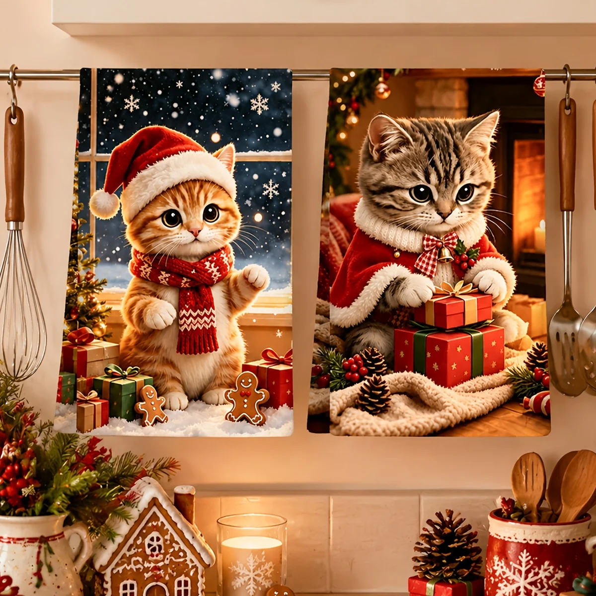 2pcs Christmas Dish Cloth, Cat, Gifts And Gingerbread Patterns Cleaning Cloth, Dishcloths for Winter Holiday for Home Decoration