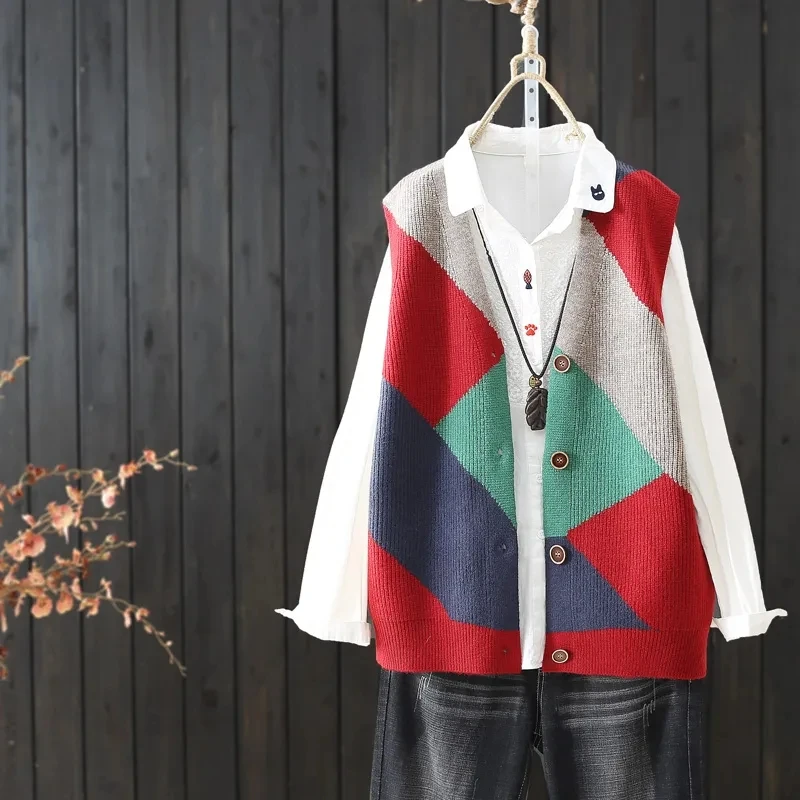 Knitted Vests Sleeveless Jackets Women Cardigan Tops Vintage Elegant Waistcoat Winter Warm Clothes Argyle Color Block Outerwears