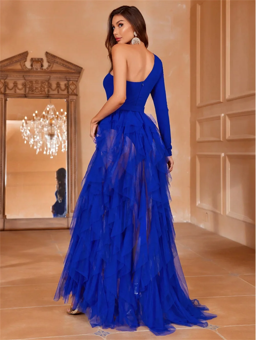 Annie Blue Robes De Soirée Lace One Shoulder Long Sleeve Prom Dresses A-line Tulle Evening Dresses Women Wedding Party Dress