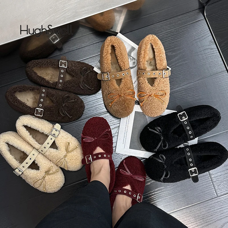 Luxury Buckle Strap Lambswool Ballet Flats Woman Brand Design Round Toe Bowknot Fur Mary Jane Shoes Ladies Fluffy Plush Loafers