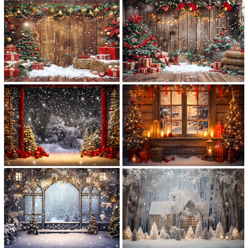 

Christmas Tree With Gift Boxes Photography Backdrops Winter Snow Decorations Wooden Door Fireplace Room Background Props WR-23