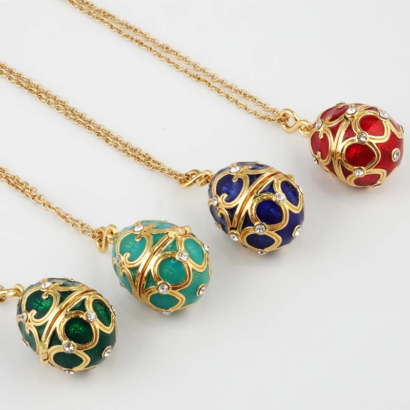 Vintage Enamel Faberge Style Easter Egg Pendant,18K Gold Plated Necklace Jewelry Locket Crystal Clover Gift for Women Girls