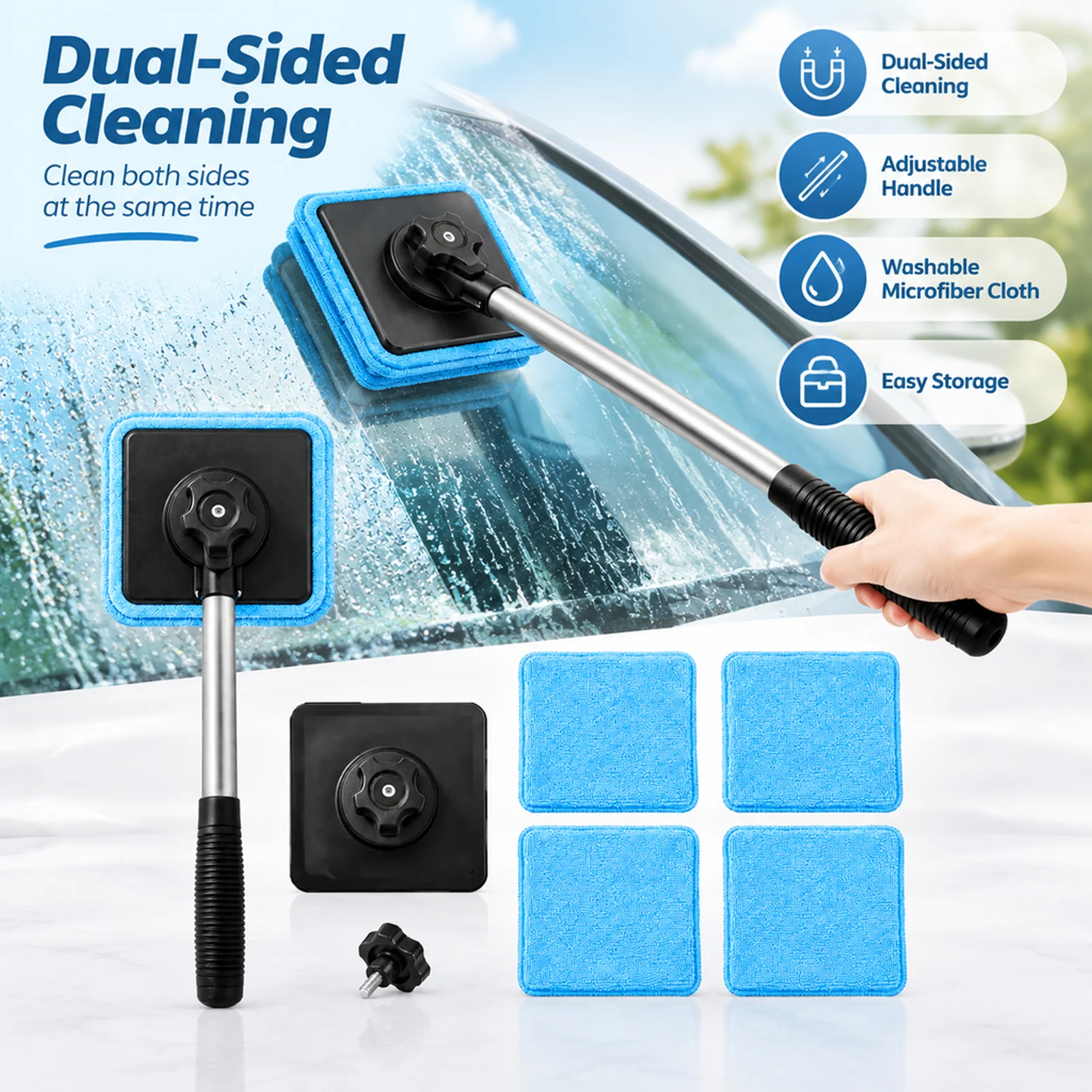 Dual Magnetic Car Windshield Cleaner Double-Sided Magnetic Streak-Free Extendable Handle Detachable Pads Car Window Cleaning Kit