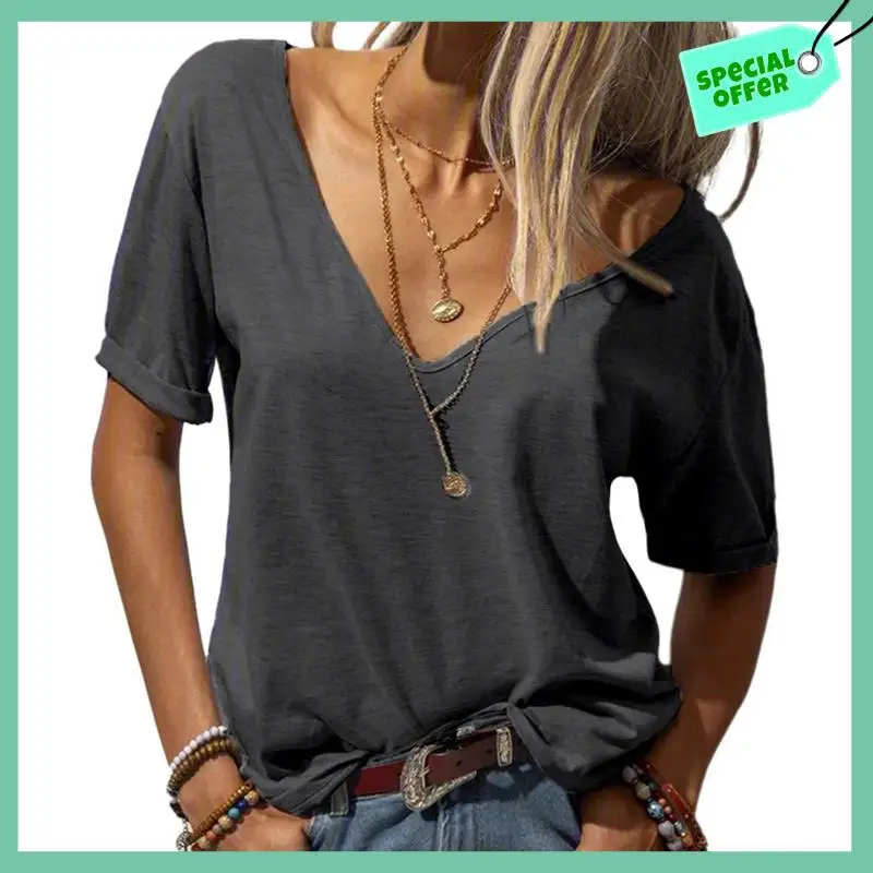 

Sturdy Women Fashion Deep V-Neck Short Sleeve Tops Solid Casual Loose Basic T Shirt