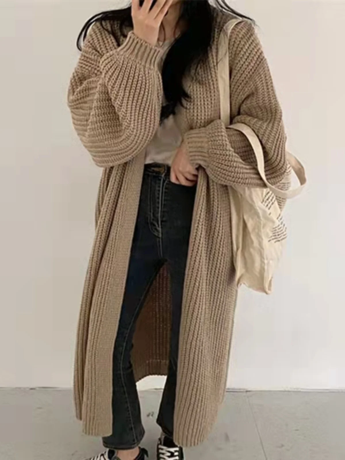 

Long V-Ne Open Cardigan Knitted Sweater Outerwear Loose Fit Lantern Sve Cozy Sle Women's Faion Cross-Border Clothing