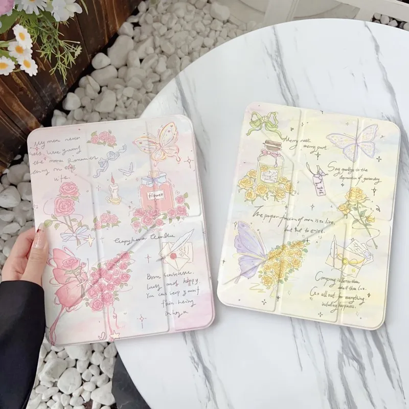 Butterfly Fashion Floral Pattern with Pencil Holder Tablet Case for iPad 10th Gen Air4/5 10.9in A16 A19 2025 2026 11 Girls Cover