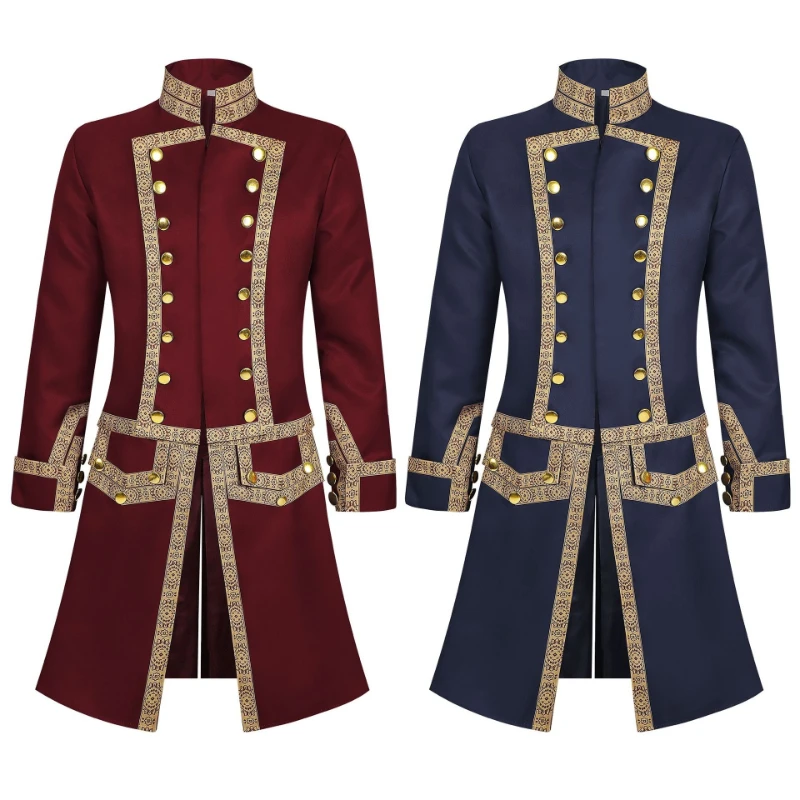 2026 New Navy Blue 18th Century Colonial Military Uniform Tuxedo for Men, Red Medieval Vintage Victorian Print Men's Jackets