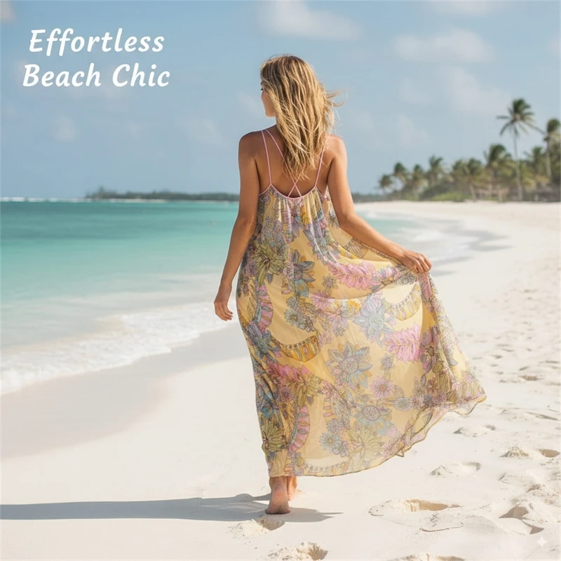 فستان صيفي مطبوع عليه زهور للنساء فستان طويل فضفاض بياقة على شكل حرف V وحزام سباغيتي - ملابس منتجع عطلة متدلية