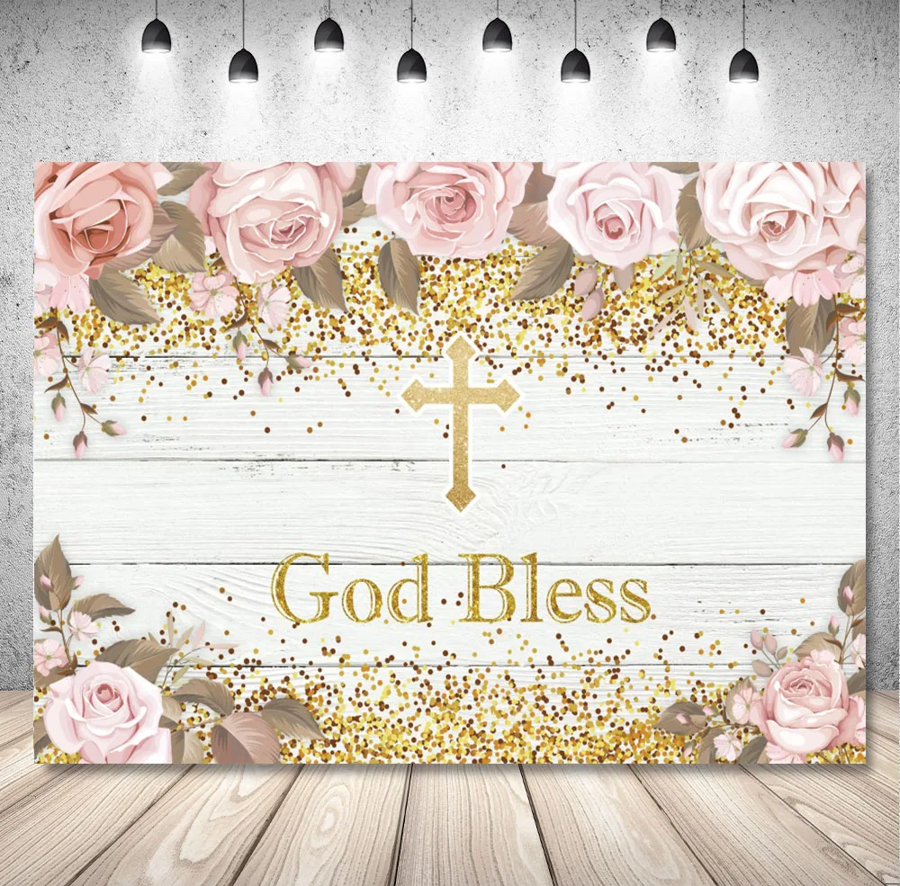 Boy Girl First Communion Background God Bless Gold Cross Christening Baby Shower Photography Backdrop Baptism Photo Studio Props