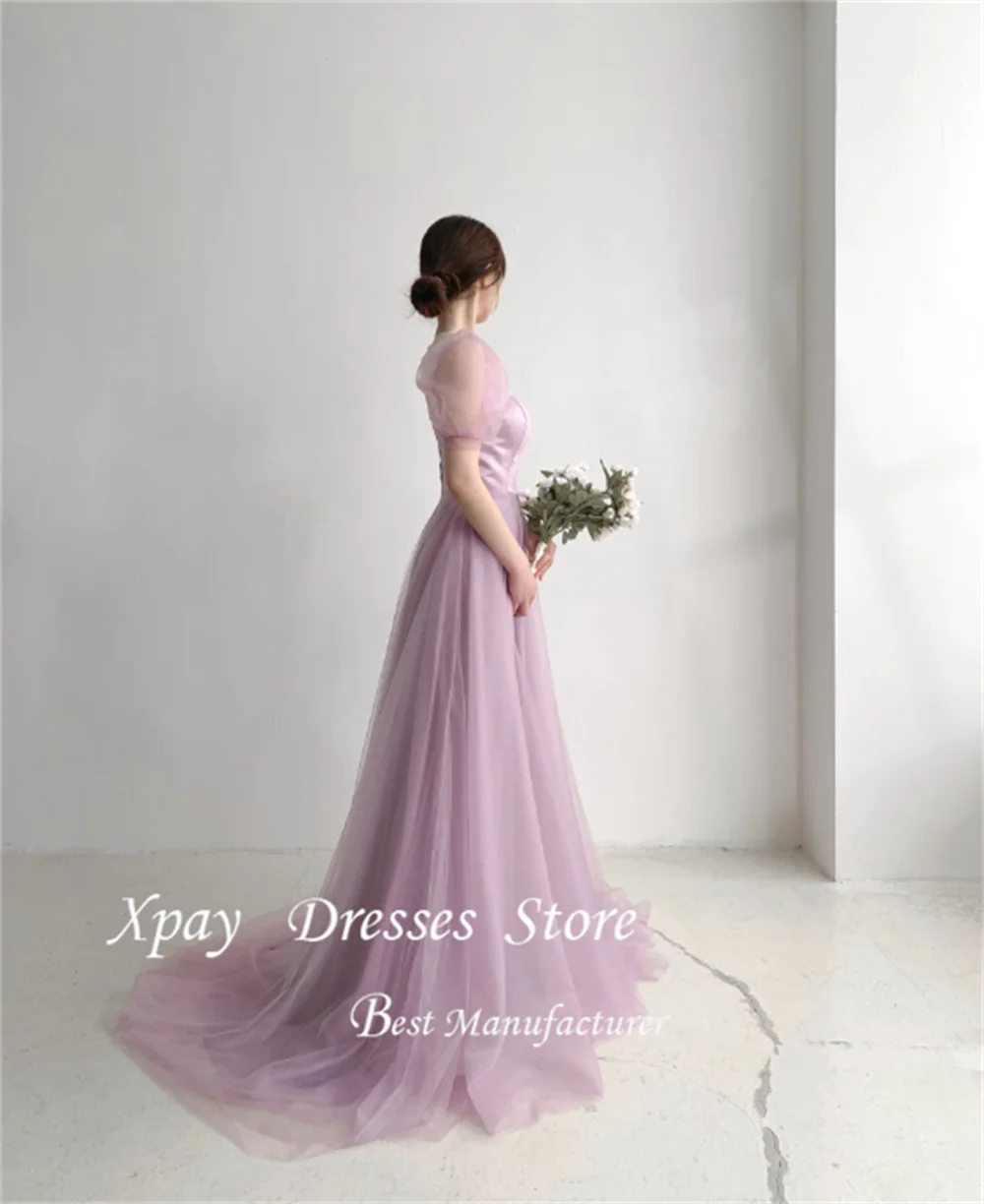 ชุดราตรีงานพรอมสไตล์เกาหลีสีม่วงฟ้าอมชมพู คอทรงโอ ผ้าทูลล์ แขนพองทรงเอไลน์ สำหรับงานแต่งงาน งานพรอม และงานเลี้ยงกลางแจ้ง
