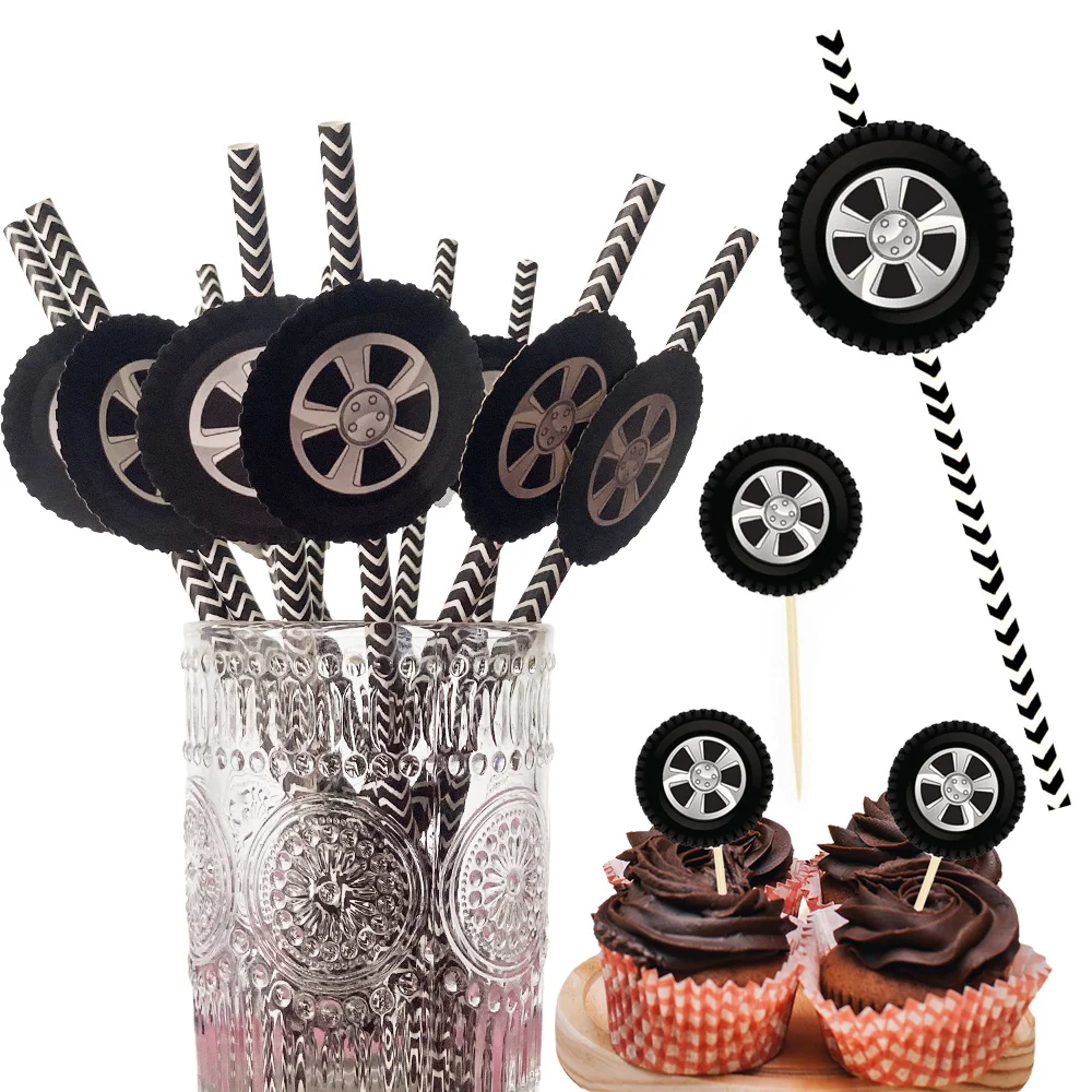 

20 Pcs Race Car Wheels Theme Birthday Supplies Disposable Tire Paper Straws Tyre Dessert Cupcake Topper Baby Shower Party Decor