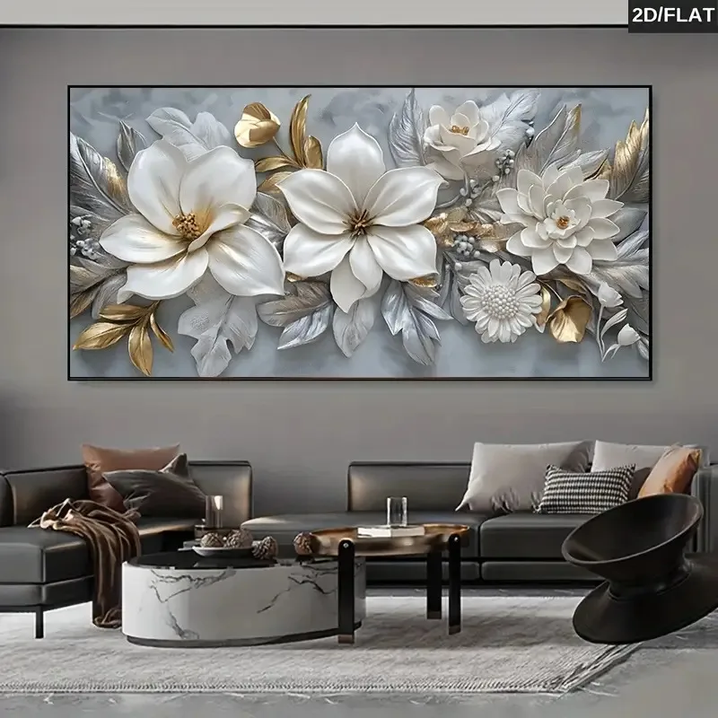 

2D Flat, Extra Large Decor Wall Canvas Art, Abstract Print Mural White Flowers Golden Accents, for Living Room, Bedroom Decor