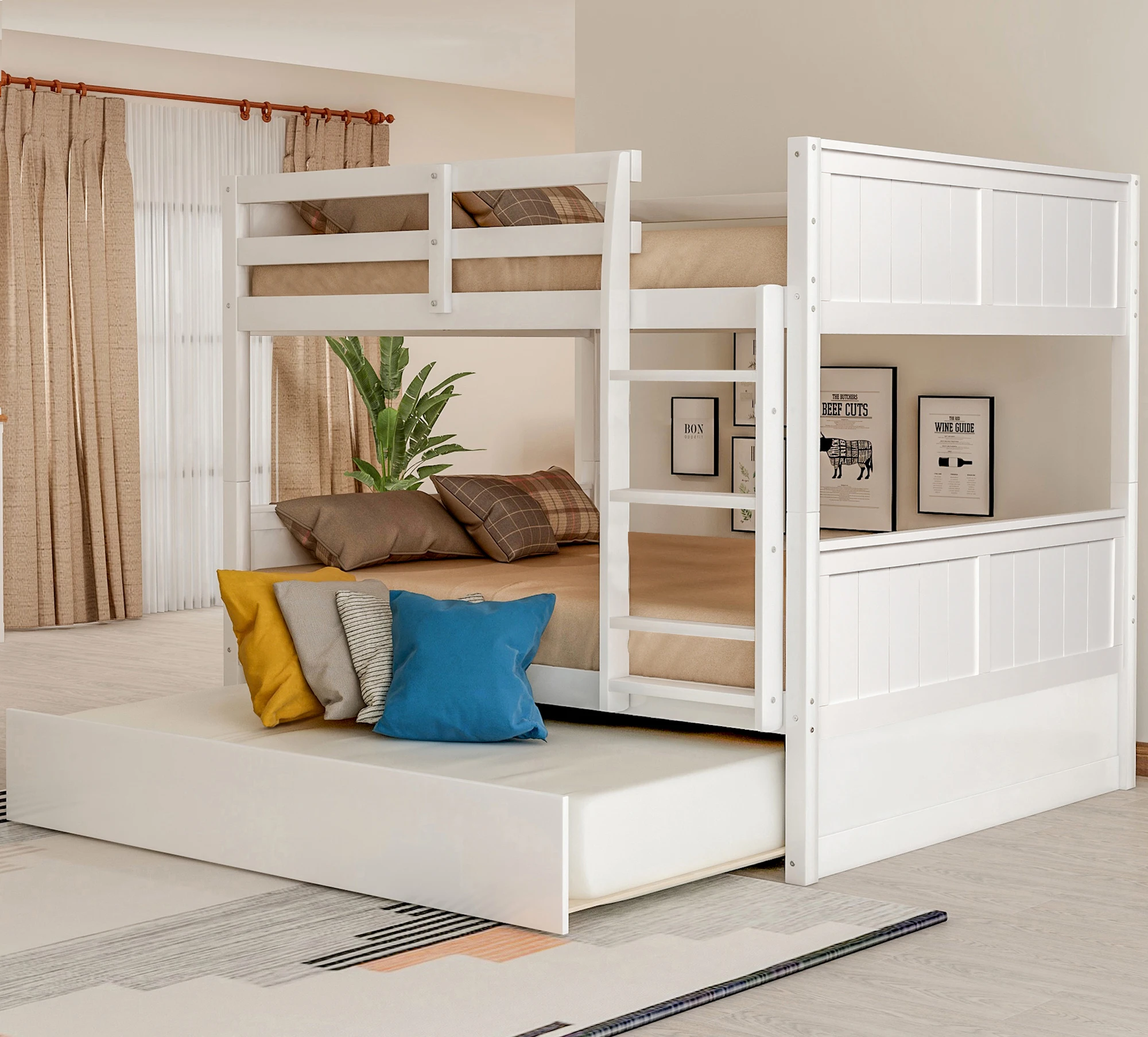 

Fancy White Full Over Full Bunk Bed with Twin Size Trundle for Kids' Room