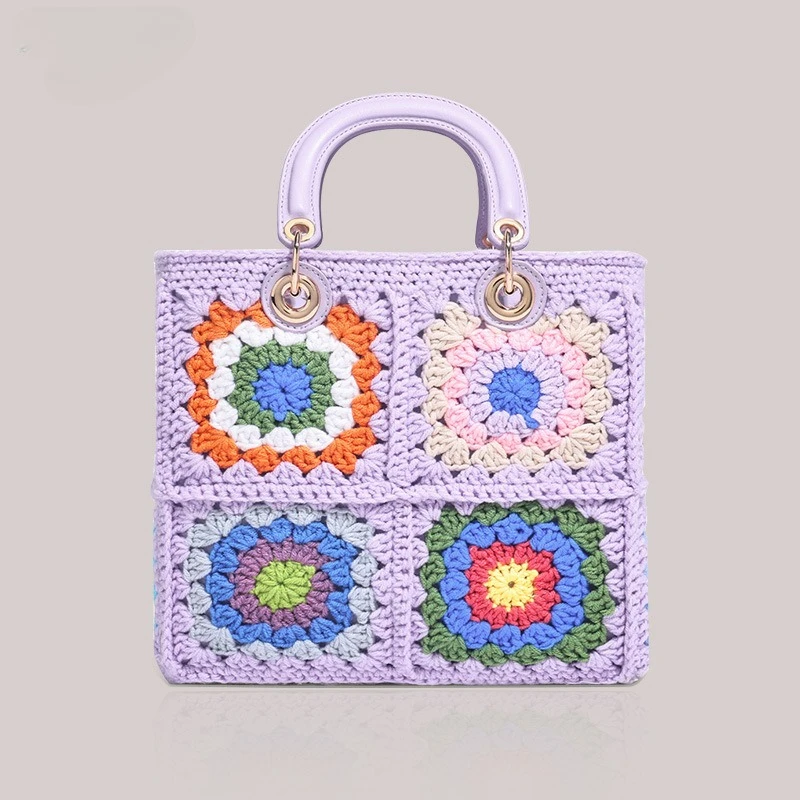 

Bohemian Granny Square Crochet Small Tote Bag Knitting Women Handbags Handmade Woven Shoulder Crossbody Bags Quality Female Bag