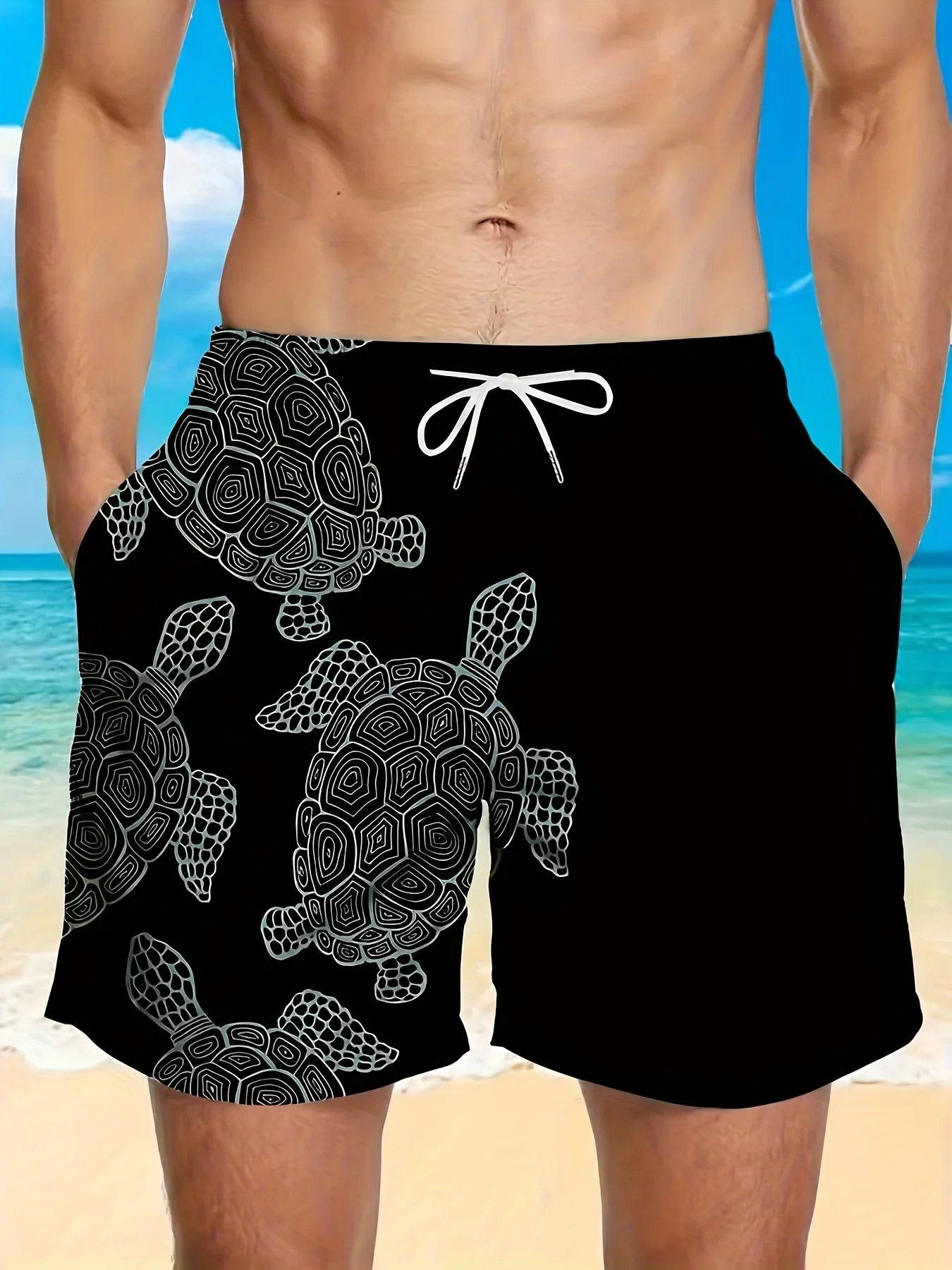 Shorts de Praia Masculinos com Estampa de Tartaruga Marinha Cinza, Secagem Rápida, com Cordão Elástico, Roupa Casual de Verão
