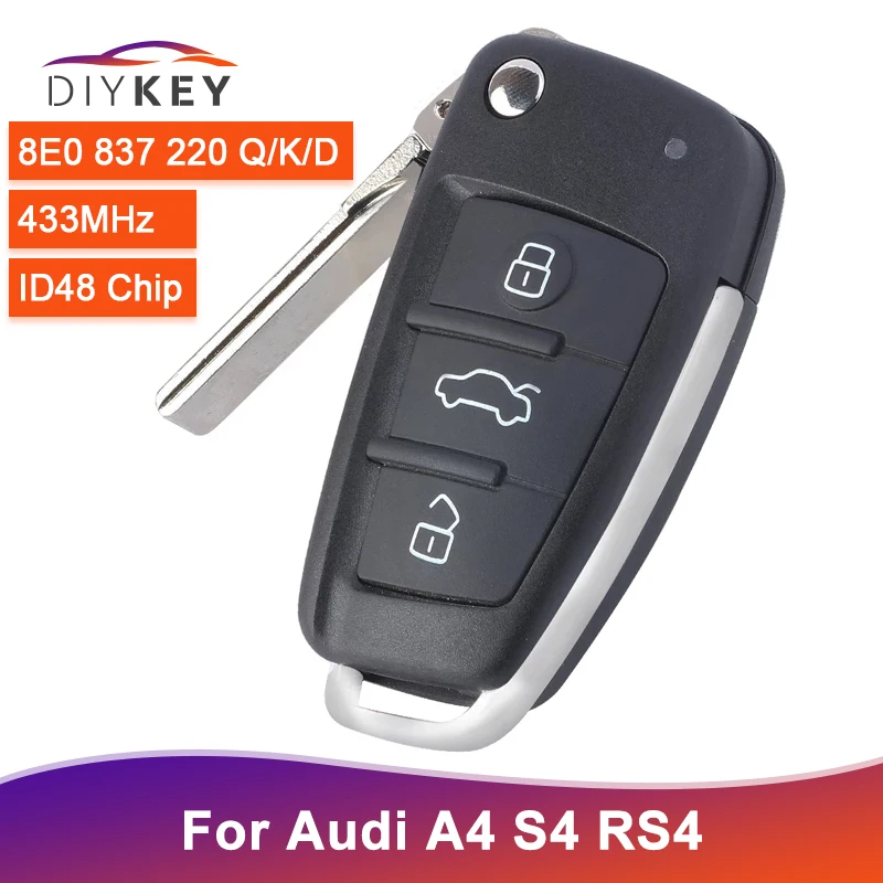 DIYKEY 8E0837220Q 8E0837220K 8E0837220D For Audi A4 S4 Quattro RS4 Avant 2005 2006 2007 2008 2009 433MHz ID48 Remote Key Fob