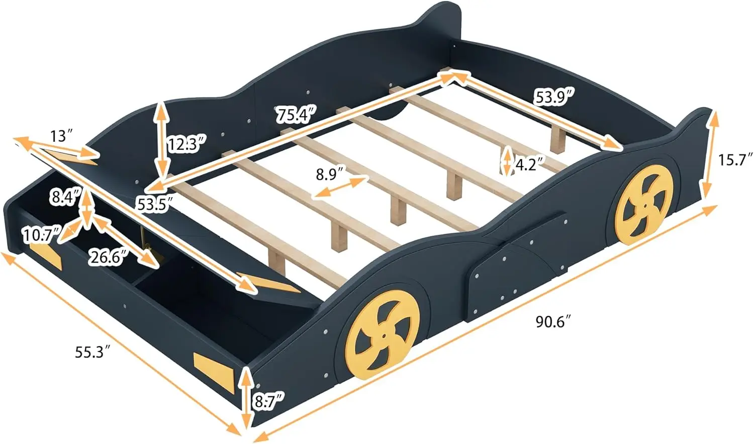 Twin Size Classic Car-Shaped Platform Bed With Wheels,Wooden Floor Bedframe W/Door Design,Easy To Assemble,Toy Car Furniture