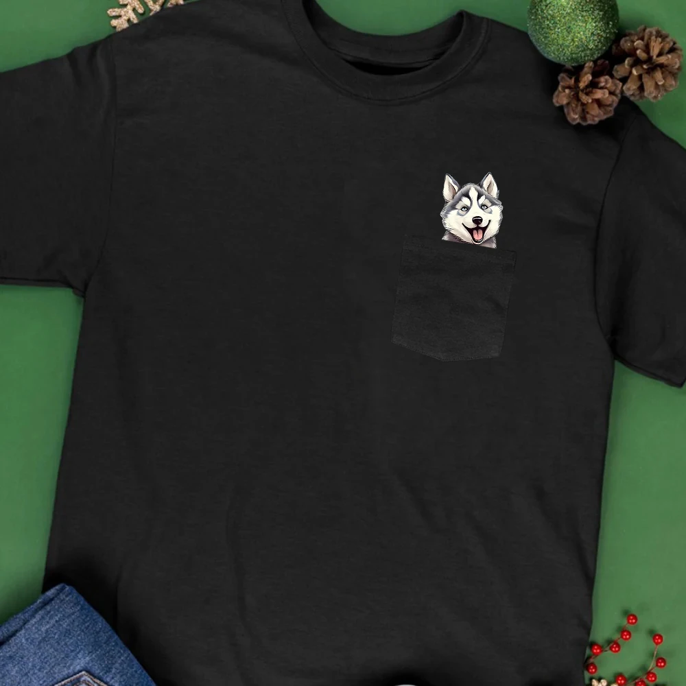 CLOOCL Siberian Husky Cotton T-Shirts Animal Dogs Double Middle Finger Printed Pocket T-shirt Women Clothing Short Sleeve Tees