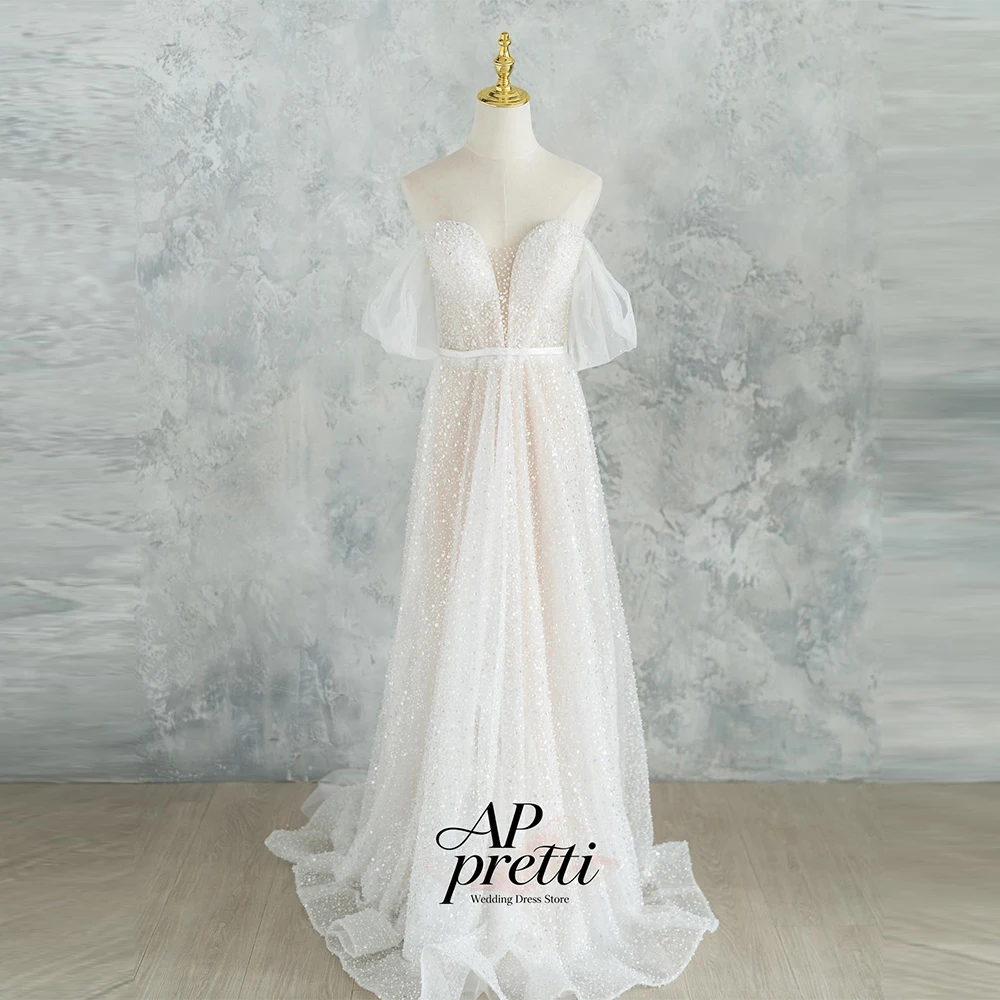 AP pretti Sweet Tulle Korea Wedding Dress Photo Shoot V-Neck Customized Off the Shoulder A-line Floor-Length Bridal Gown 웨딩드레스