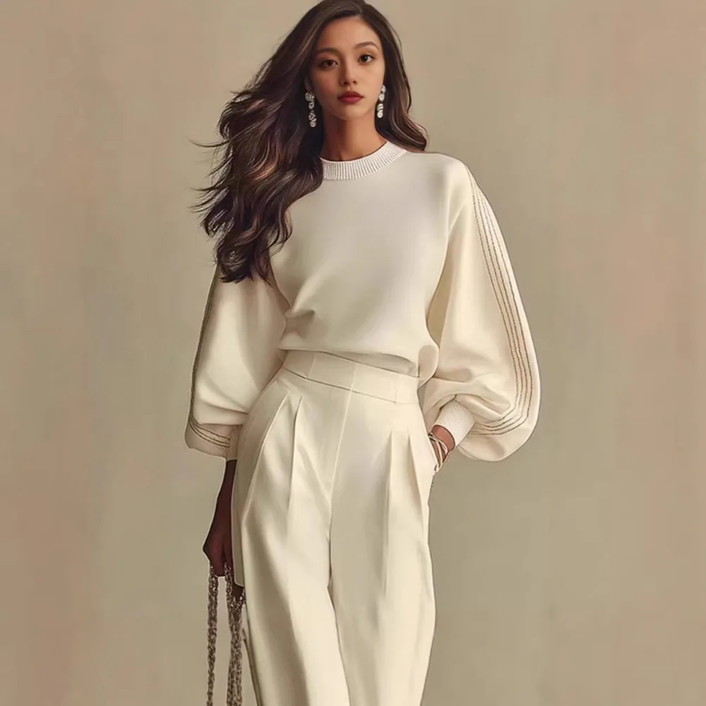 

Модный комплект из двух предметов для женщин: топ с пышными рукавами в полоску + брюки с высокой талией и широкими штанинами, элегантный офисный повседневный наряд