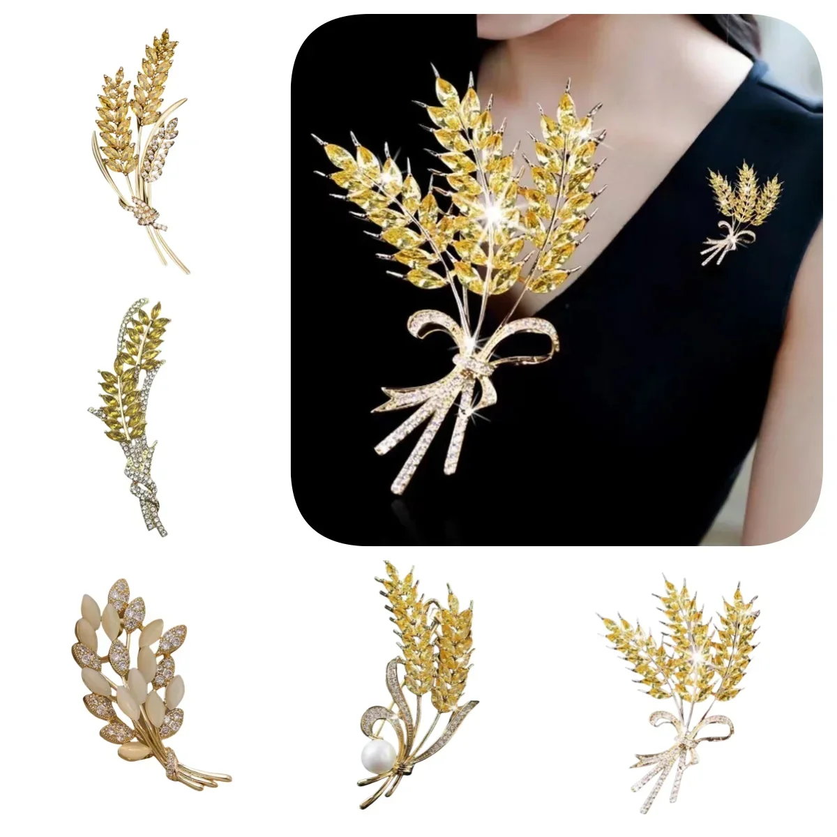 

Rhinestones New Products Fashion Nature Temperament Woman Clothing Accessories Gold Color Wheat Brooch Collar Pins Party Gift